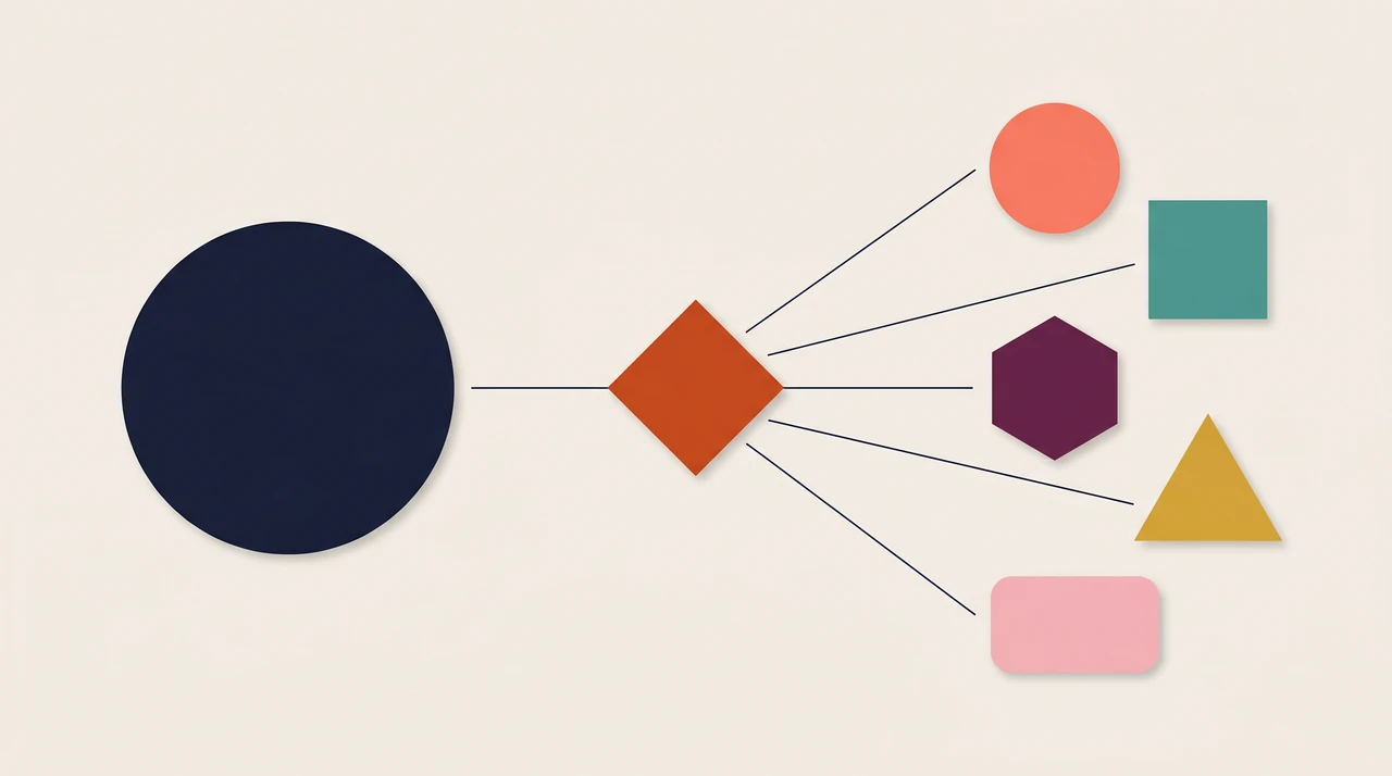 Dify 接入 ofox API 概念图：抽象几何节点连接表示多模型统一聚合