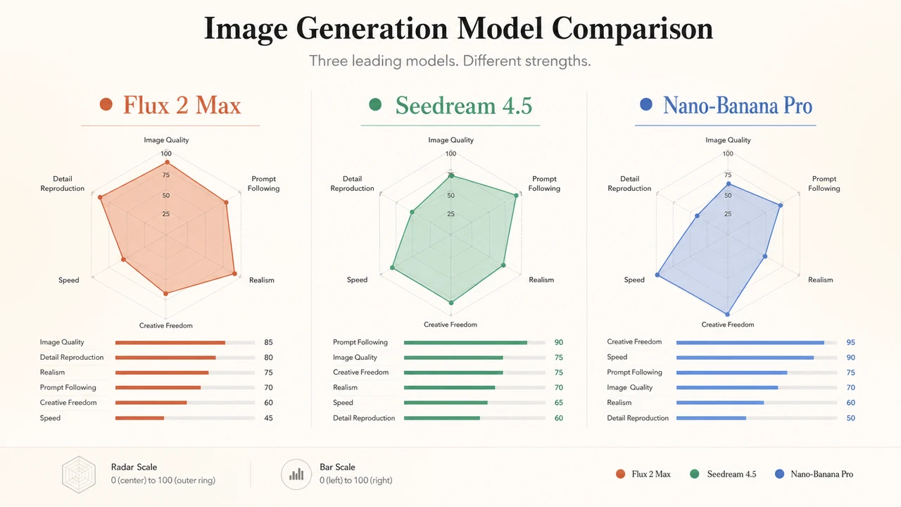 Flux 2 Max、Seedream 4.5、Nano-Banana Pro 三款图像生成 API 参数对比可视化