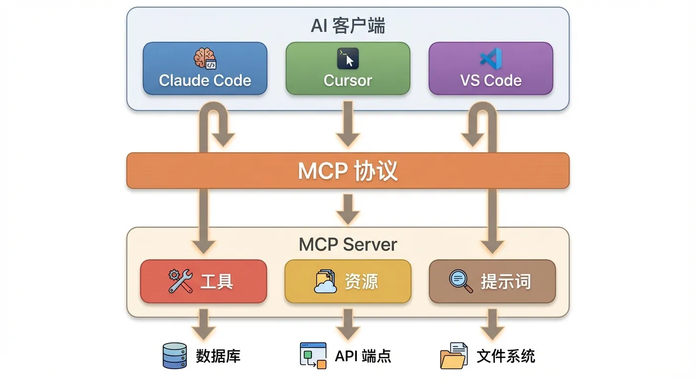 MCP 三层架构:AI 客户端 → MCP 协议 → MCP Server → 外部资源