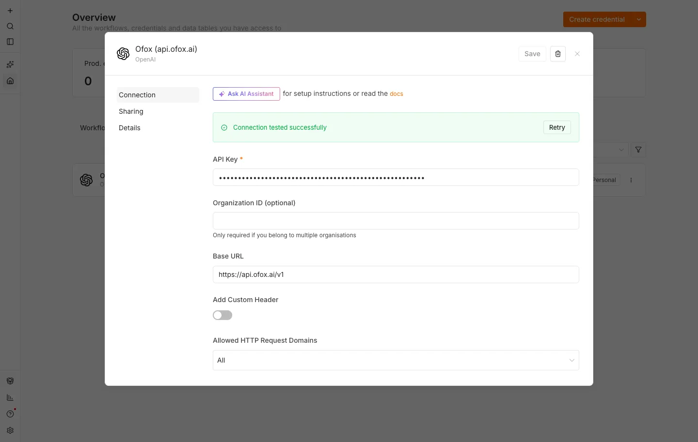 n8n 2.36.9 的 OpenAI 凭据弹窗,从上到下依次是绿色的 Connection tested successfully 提示、API Key、Organization ID、Base URL 一栏填着 https://api.ofox.ai/v1、Add Custom Header 开关和 Allowed HTTP Request Domains 下拉
