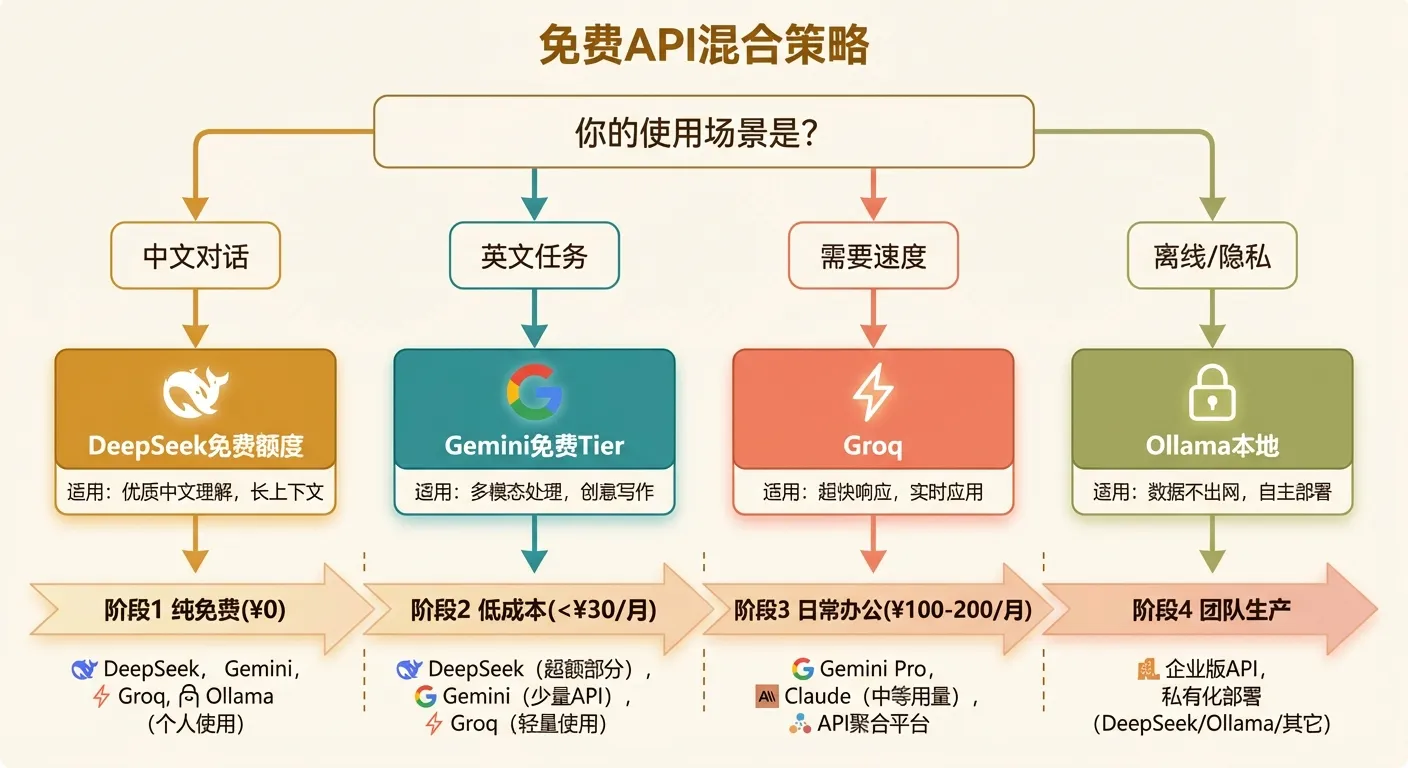 免费 API 混合策略：按场景选择方案和从免费到付费的过渡路径