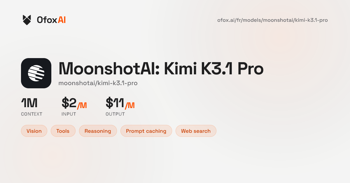 Kimi K3.1 Pro API - Prix, contexte et fournisseurs | OfoxAI