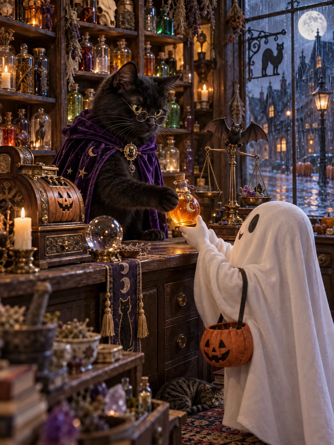 Halloween AI photo idea: The midnight apothecary — A bespectacled cat sells a potion to a little ghost.