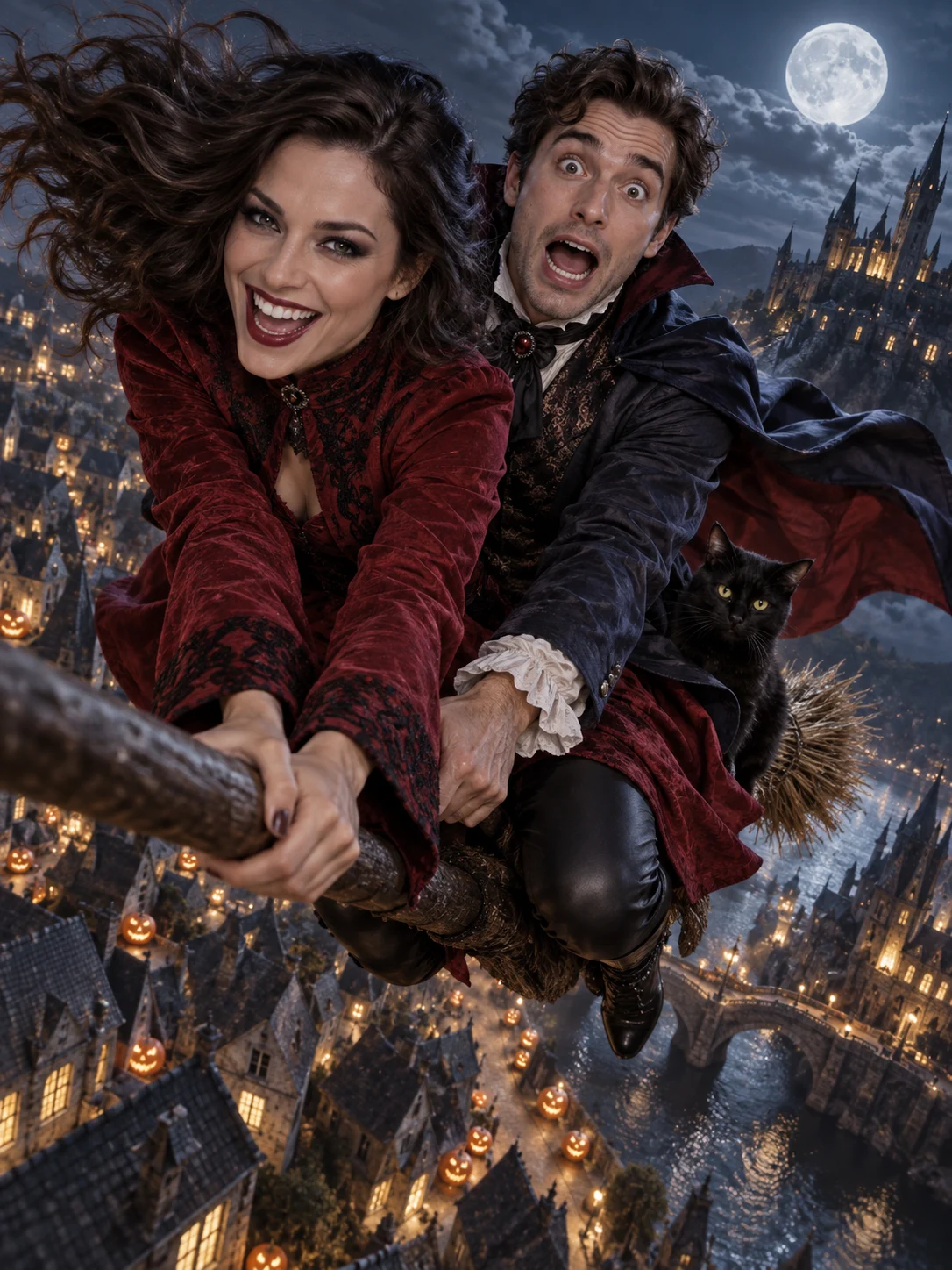 Halloween AI photo idea: Broomstick for two — She dives laughing; he hangs on for dear life.