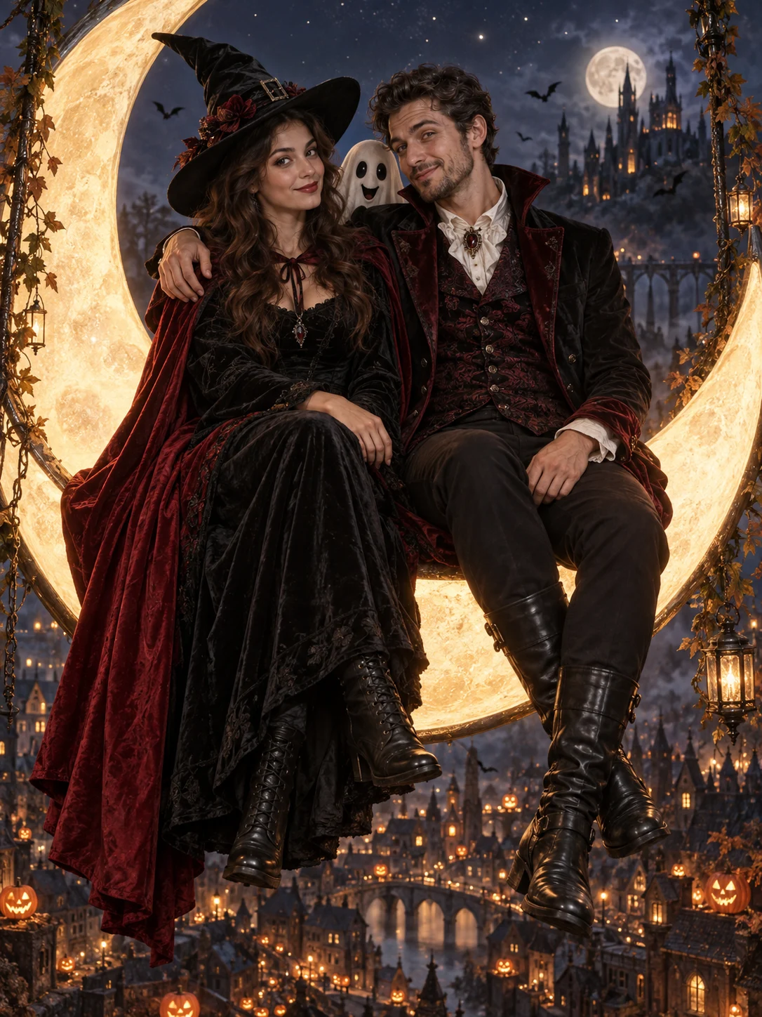 Halloween AI photo idea: Moon date, ghost photobomb — A moonlit date interrupted by a tiny ghost.