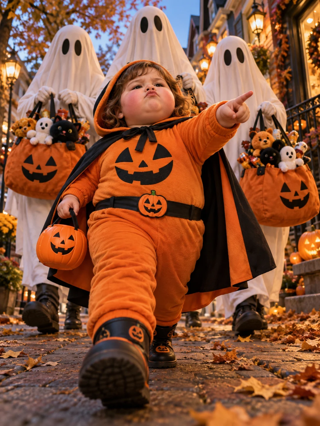 Halloween AI photo idea: The tiny trick-or-treat boss — A tiny boss leads three towering ghosts on a candy mission.