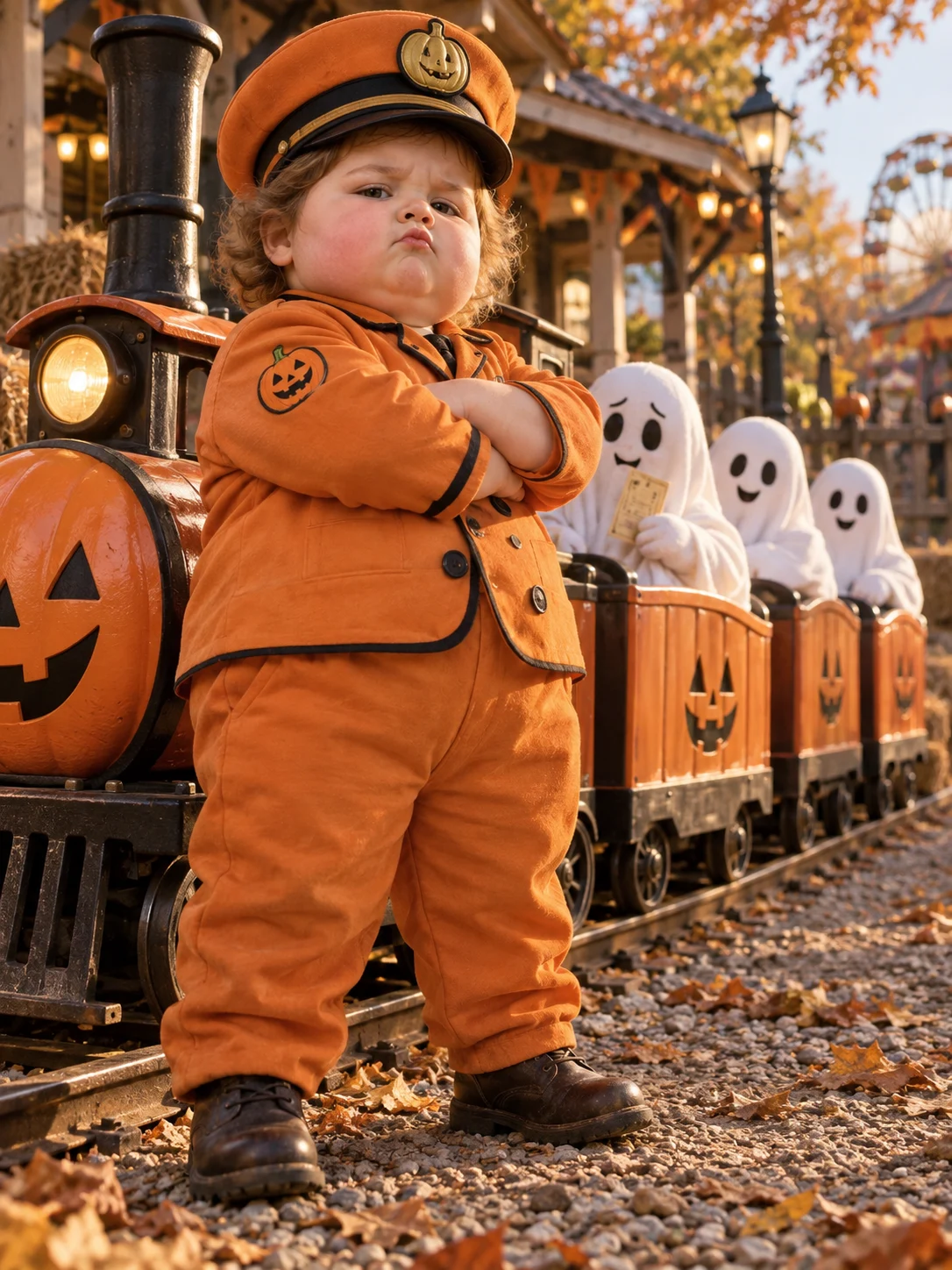 Halloween AI photo idea: The very serious little conductor — A round little conductor runs a train full of obedient ghosts.