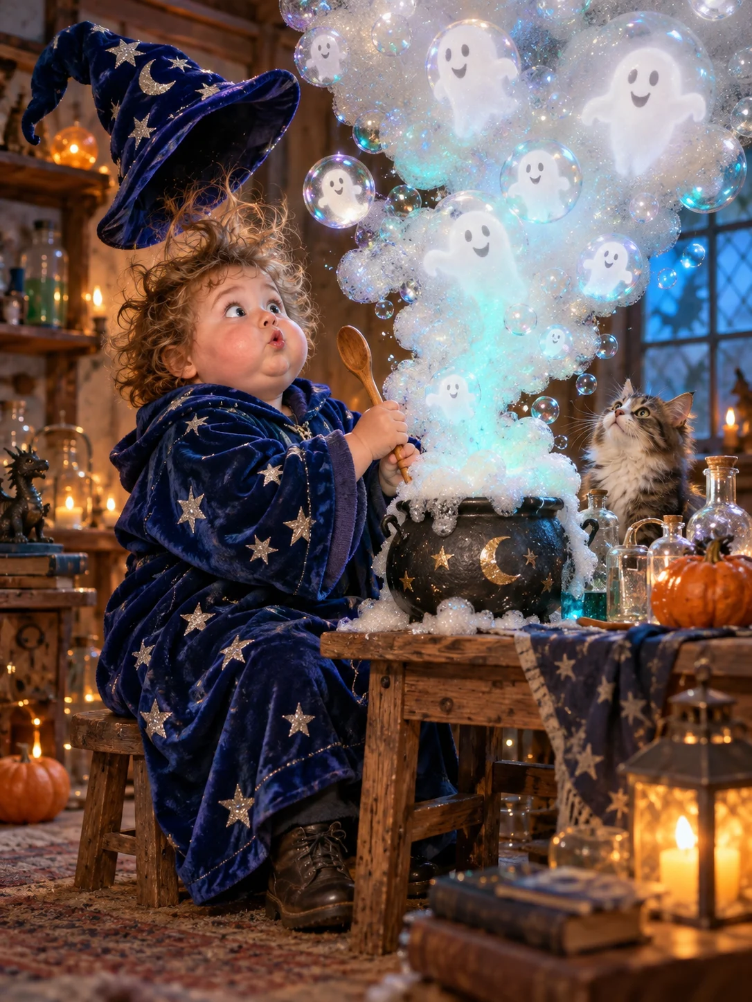 Halloween AI photo idea: The tiny wizard’s big potion mishap — A serious little wizard faces a hilariously oversized potion cloud.