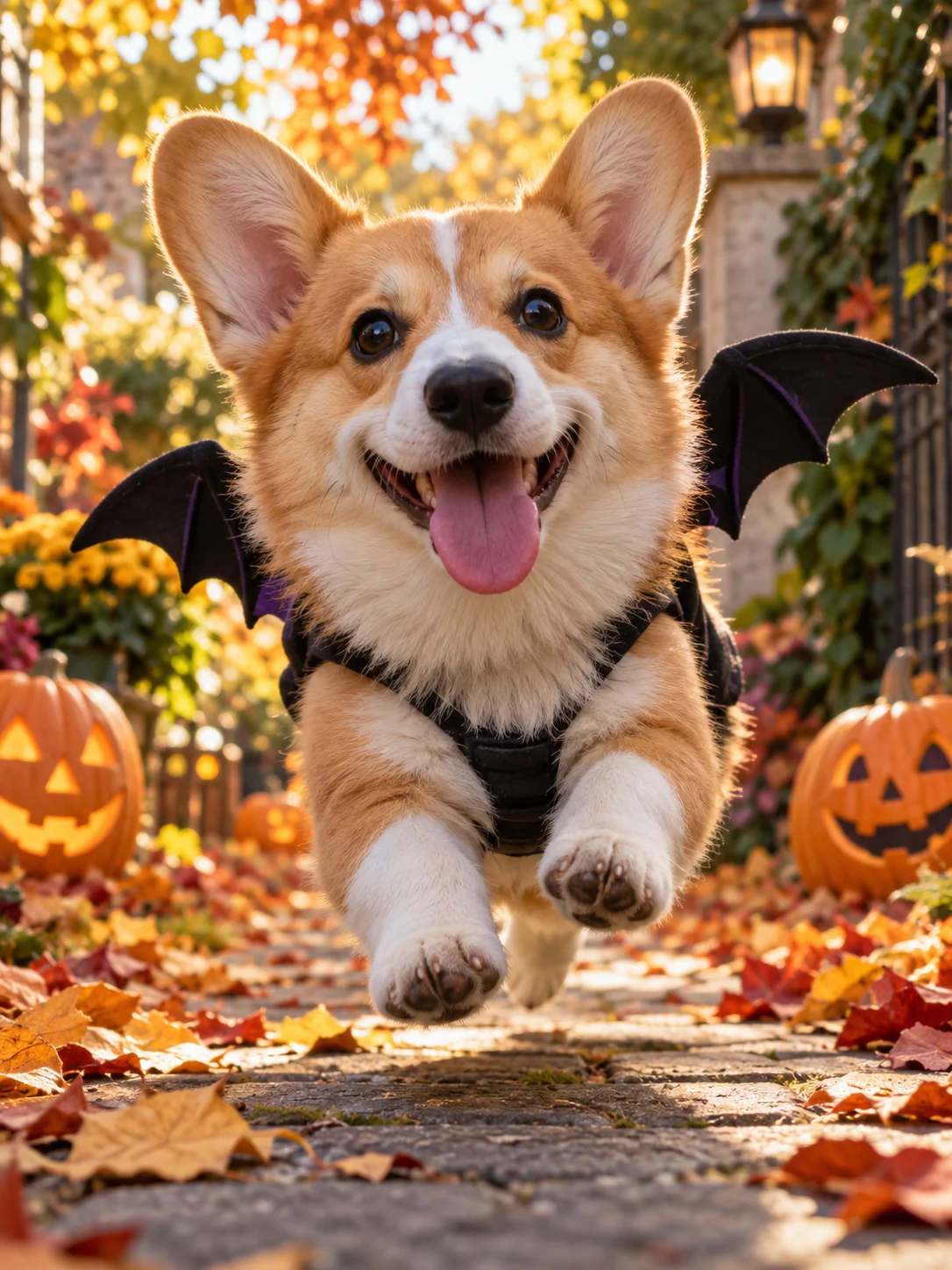 Halloween AI photo idea: Corgi bat ready for takeoff — Tiny legs, big ears, ready for takeoff.
