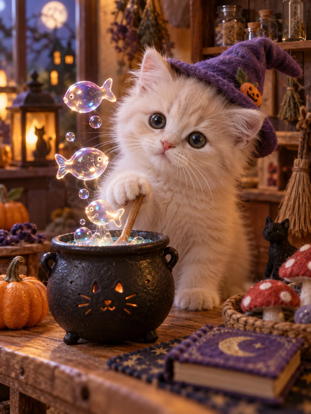 Halloween AI photo idea: The kitten potion maker — One tiny paw makes fish-shaped bubbles.