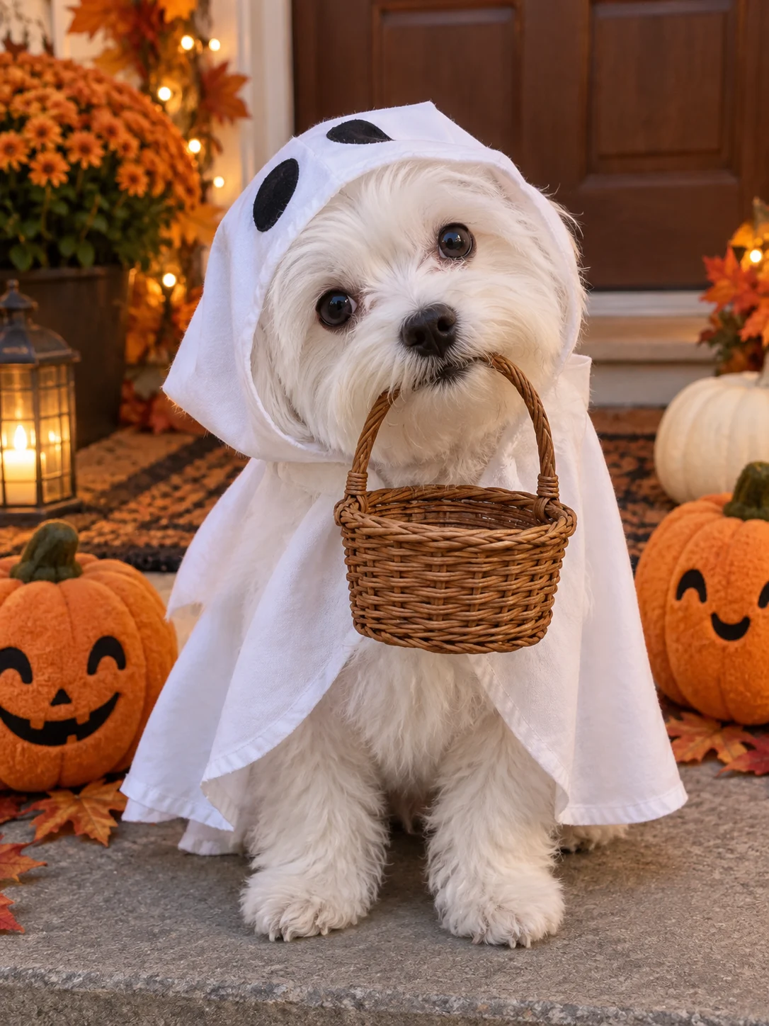Halloween AI photo idea: A little ghost at the door — A tiny cape and an empty basket at your door.