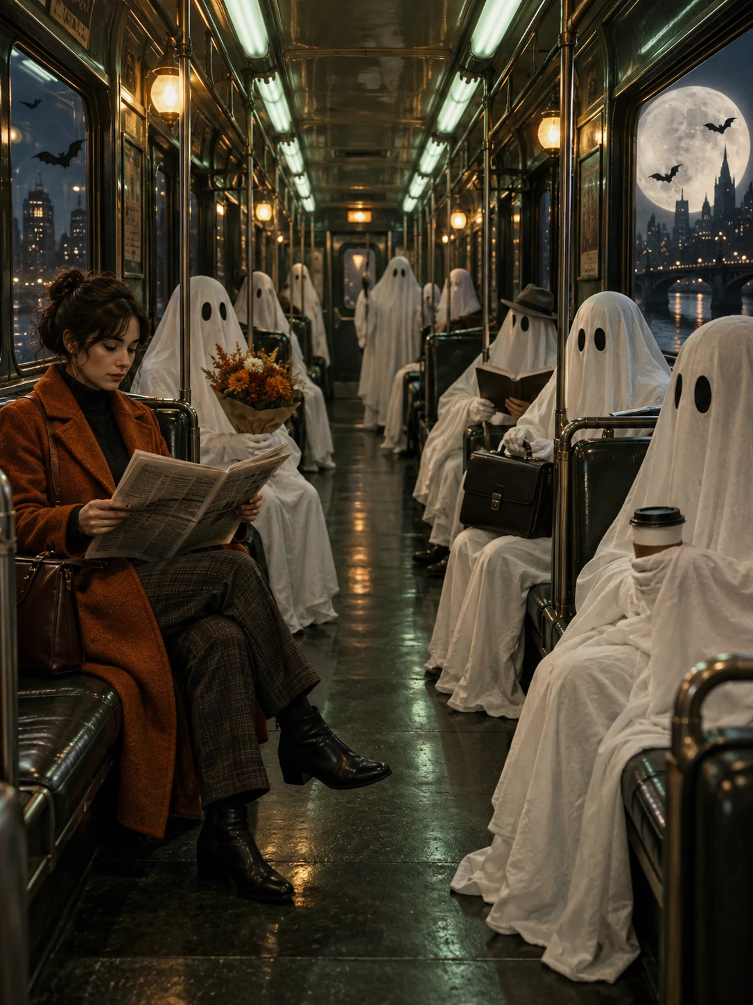 Halloween AI photo idea: The last ghost train — One ordinary commuter. A carriage of extraordinary passengers.