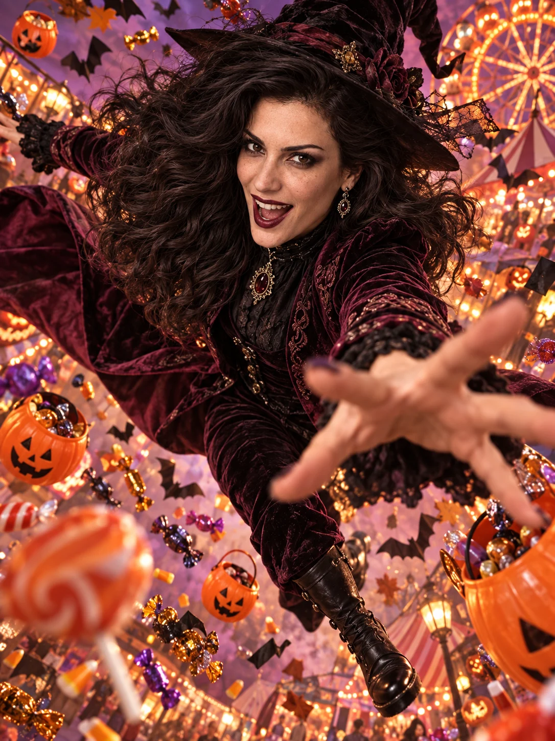 Halloween AI photo idea: Candy tornado — A trick-or-treat bucket unleashes a candy tornado.