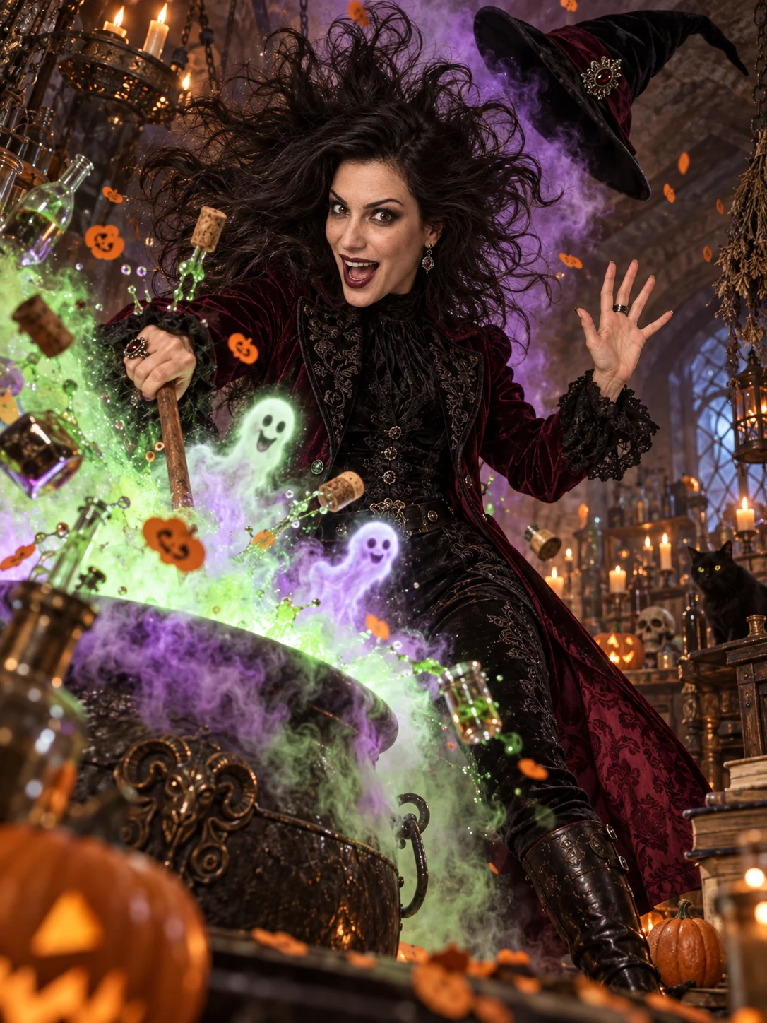 Halloween AI photo idea: Potion explosion! — A potion sends your hat and hair flying.