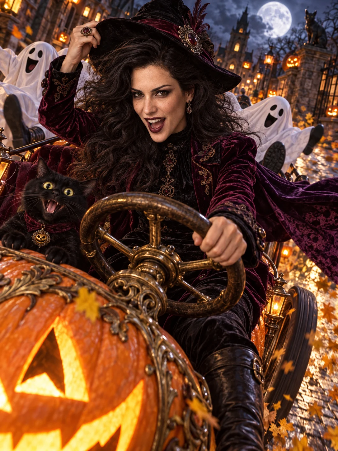 Halloween AI photo idea: Pumpkin getaway — Drift a pumpkin carriage with terrified ghost passengers.