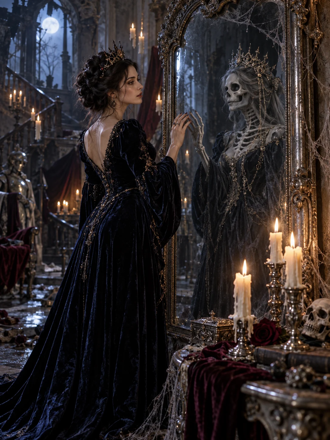 Halloween AI photo idea: Your reflection knows — You stay human. Your reflection becomes a ghost queen.