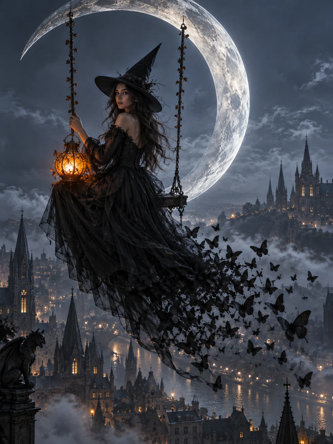 Halloween AI photo idea: Above the sleeping city — A moon swing, a pumpkin lantern, a skirt turning into butterflies.