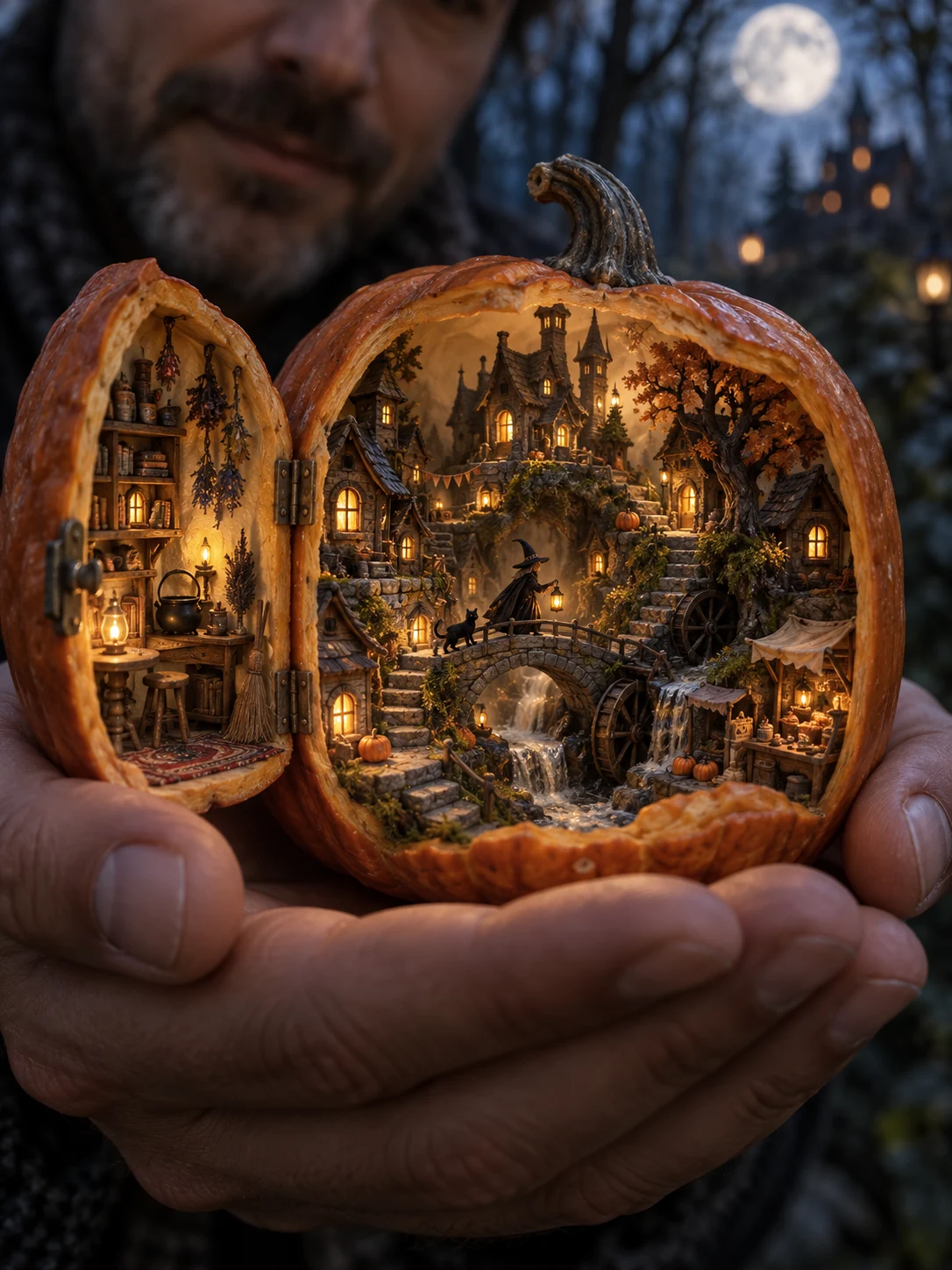 Halloween AI photo idea: A village in your palm — A pumpkin opens to reveal a tiny living witch village.