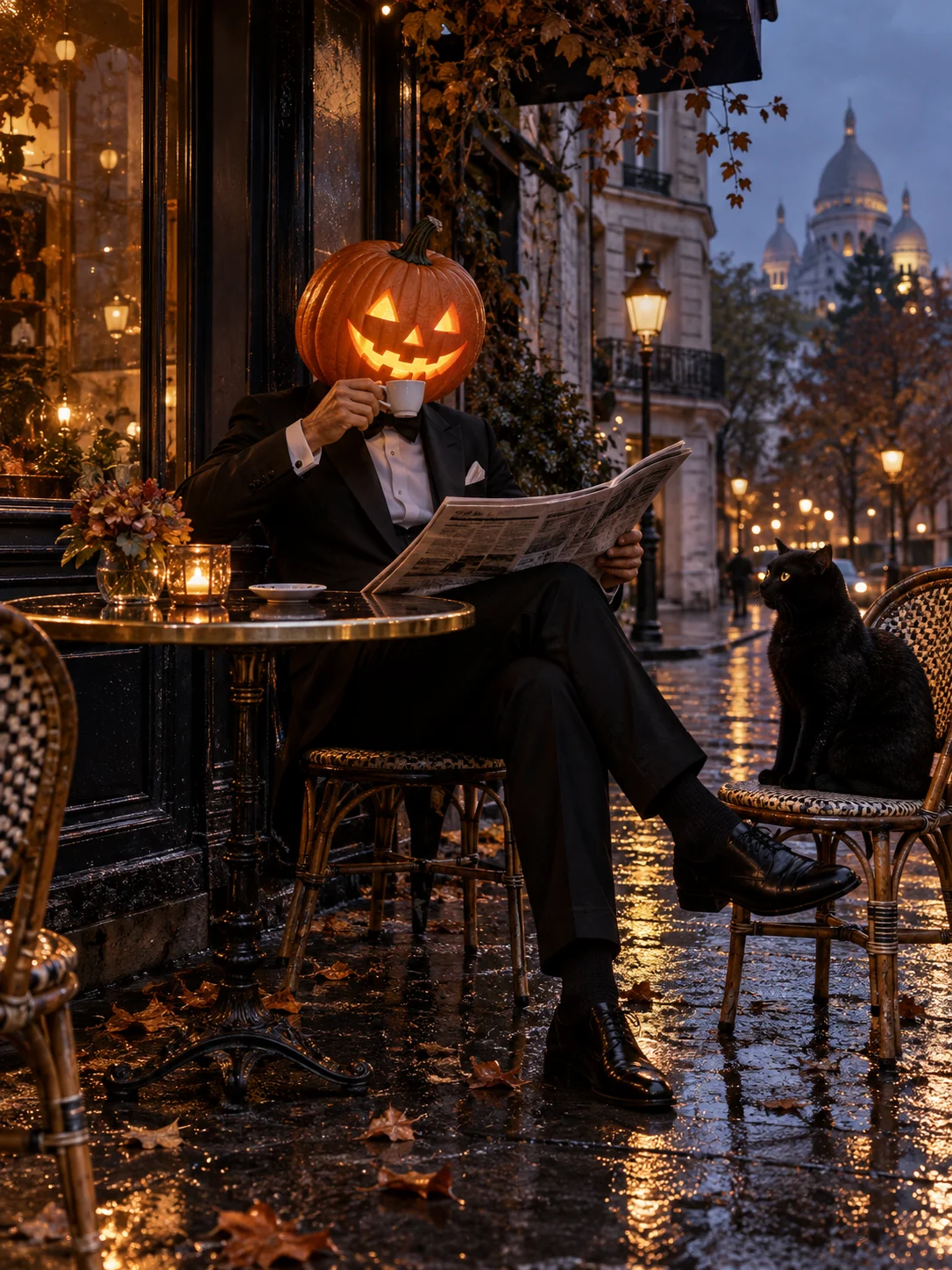 Halloween AI photo idea: An espresso for the pumpkin — A pumpkin-headed gentleman takes his morning coffee very seriously.