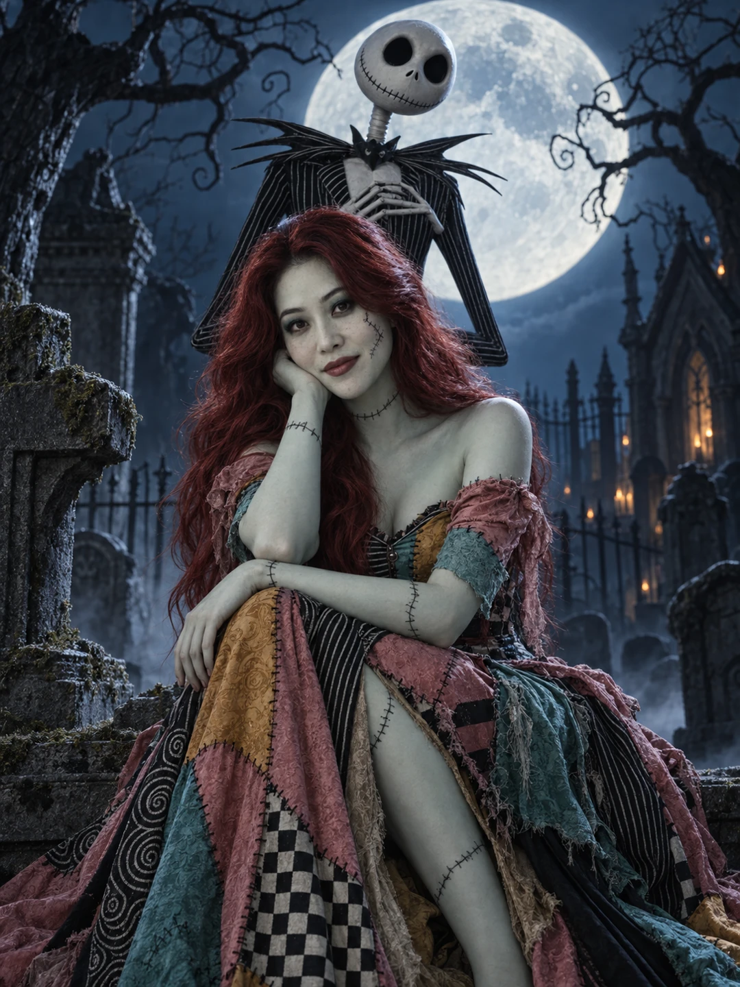 Halloween AI photo idea: Sally & Jack · Moonlit cemetery — Become the heroine of a moonlit gothic story.