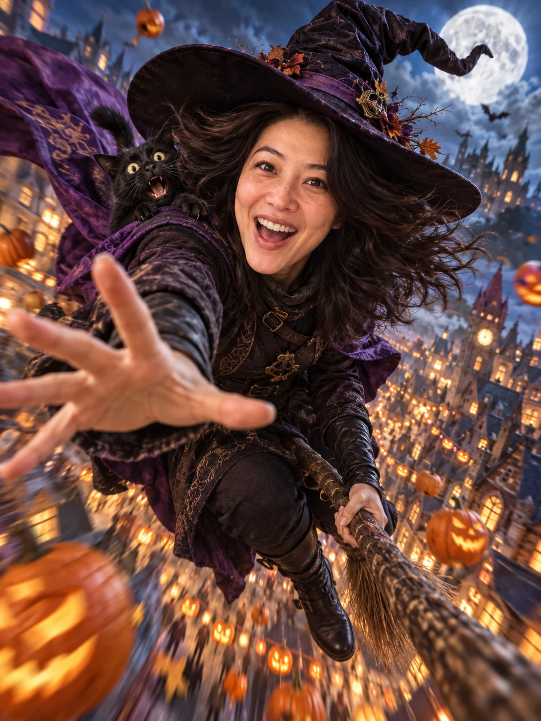 Halloween AI photo idea: Broomstick: full speed! — Dive toward the lens; even the cat is holding on.