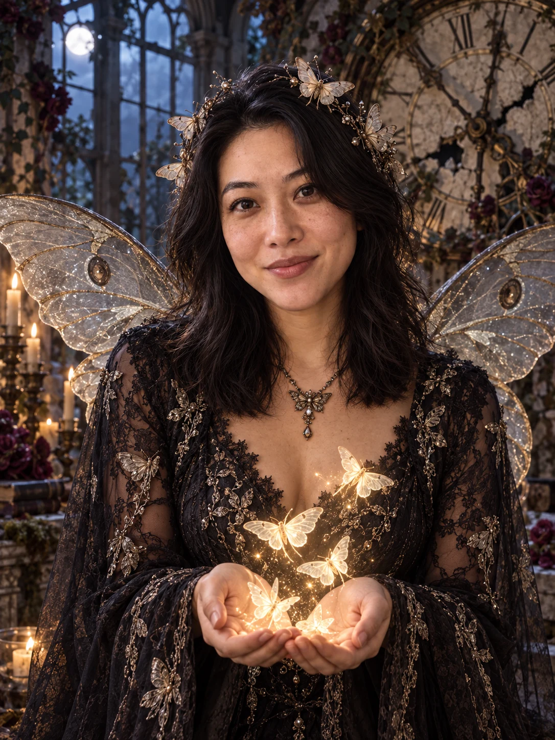 Halloween AI photo idea: The midnight moth witch — Moonlit moths rise from your hands as wings unfold.