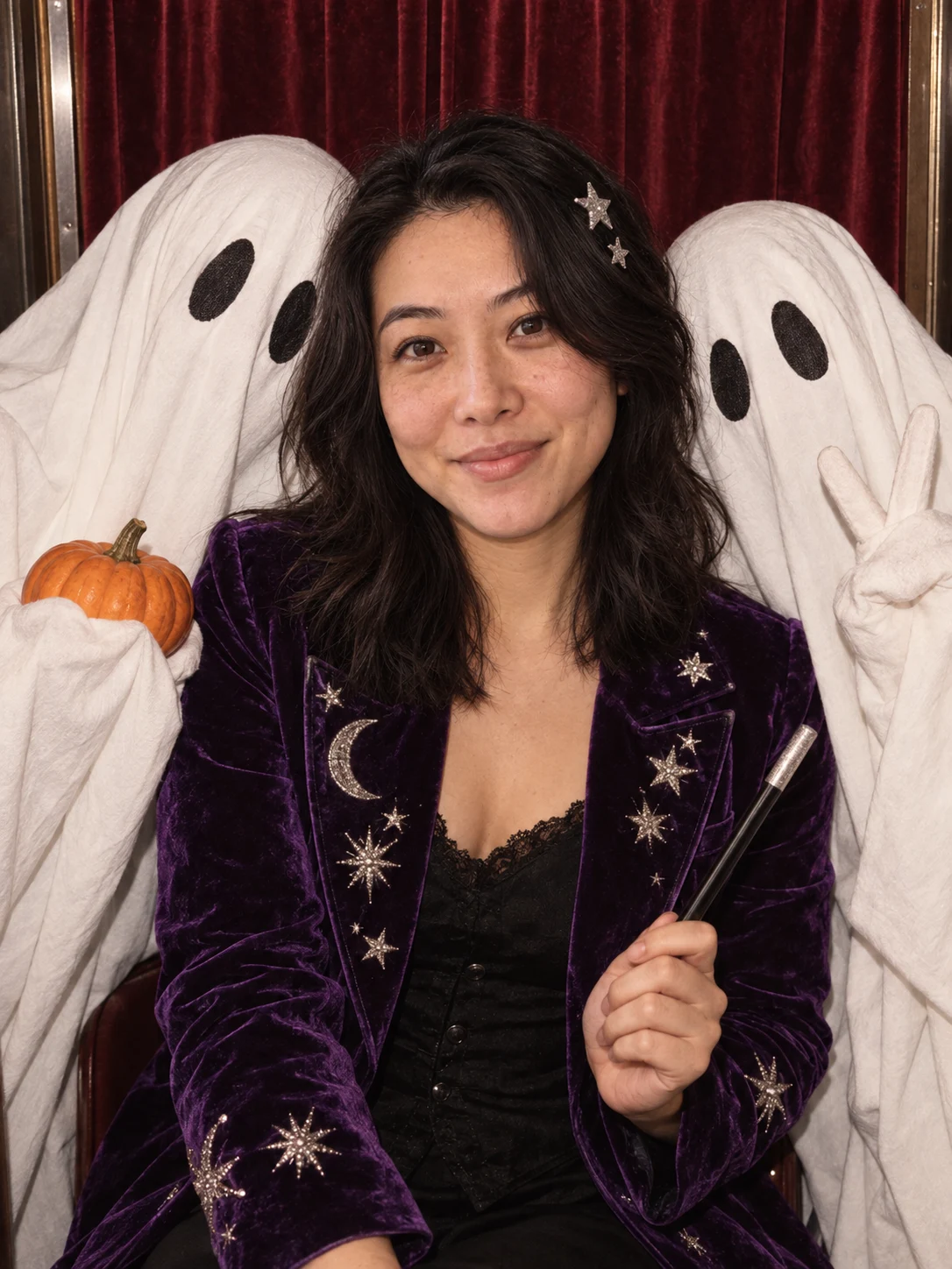 Halloween AI photo idea: A portrait with your ghost friends — Two ghosts squeeze into your vintage photo booth.