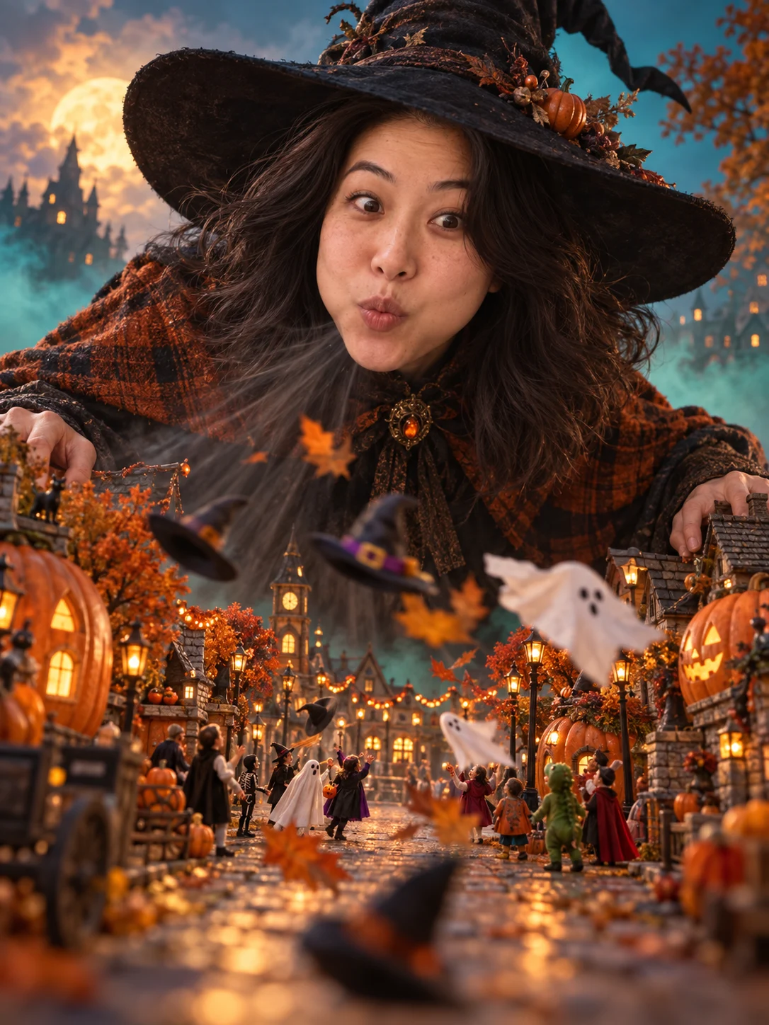 Halloween AI photo idea: The giant of pumpkin town — Become a giant and blow a gust through pumpkin town.