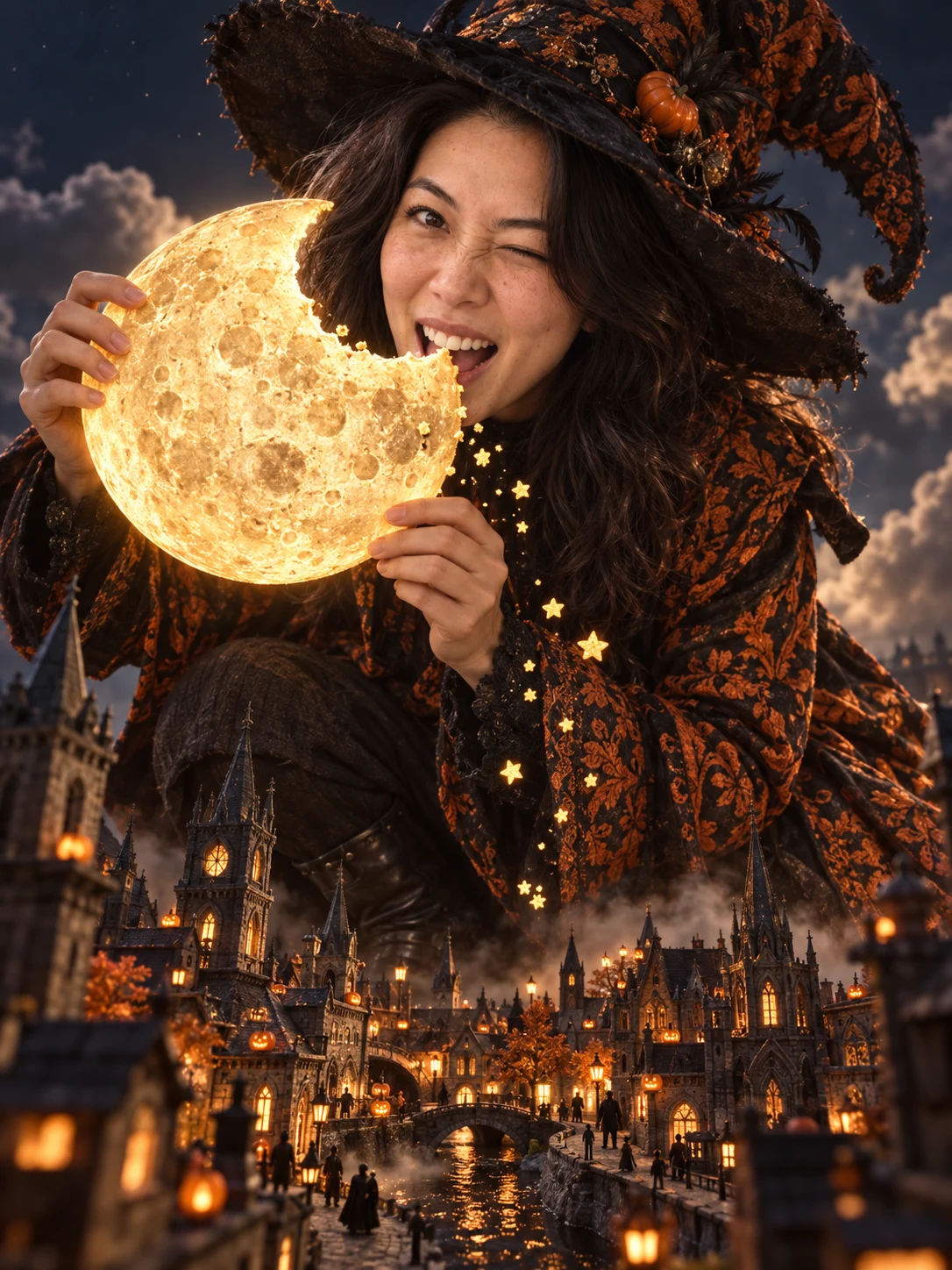 Halloween AI photo idea: Take a bite of the moon — Treat the moon like an enormous glowing cookie.