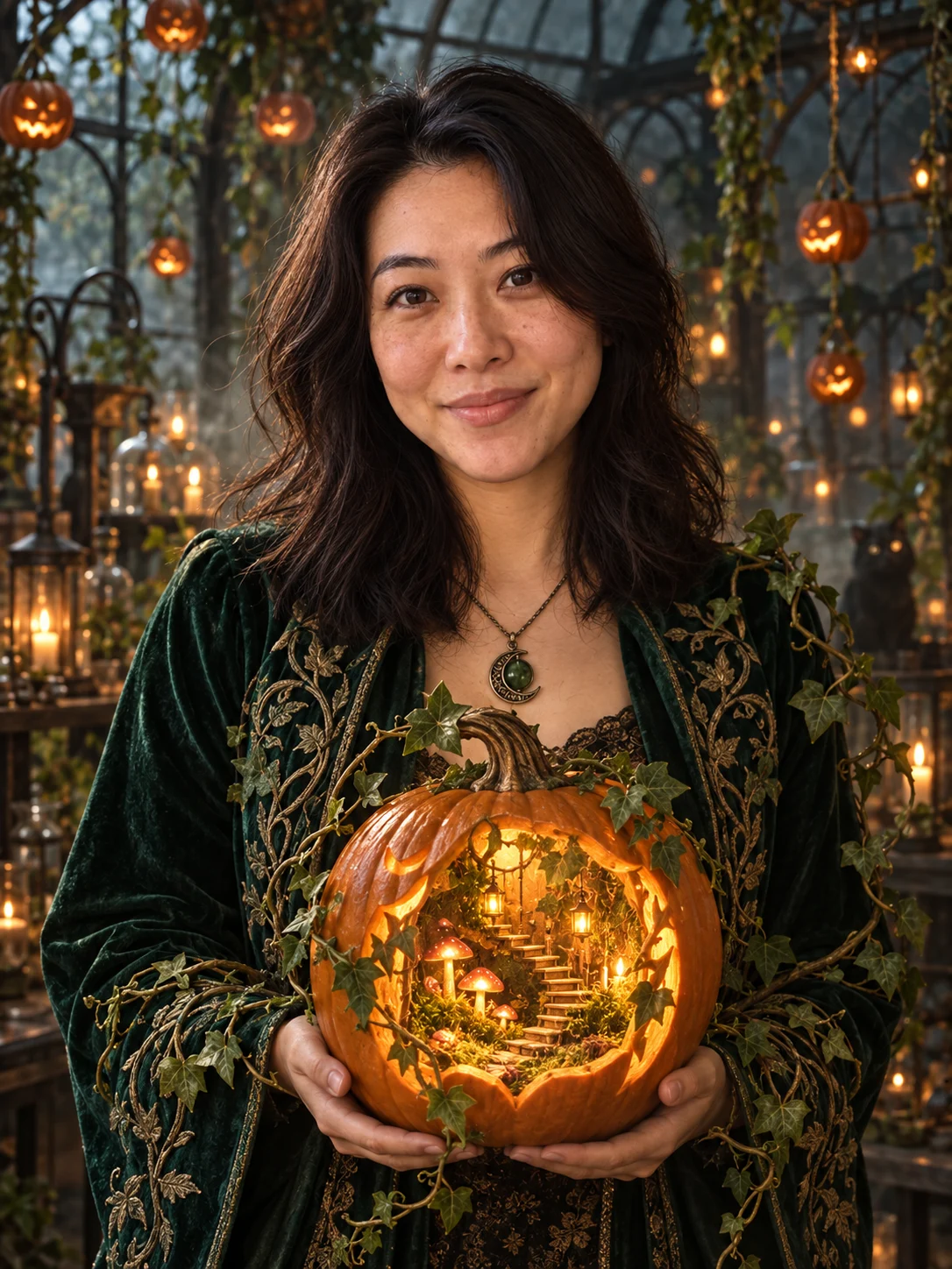 Halloween AI photo idea: The pumpkin lantern garden — Hold a tiny enchanted garden inside a pumpkin.