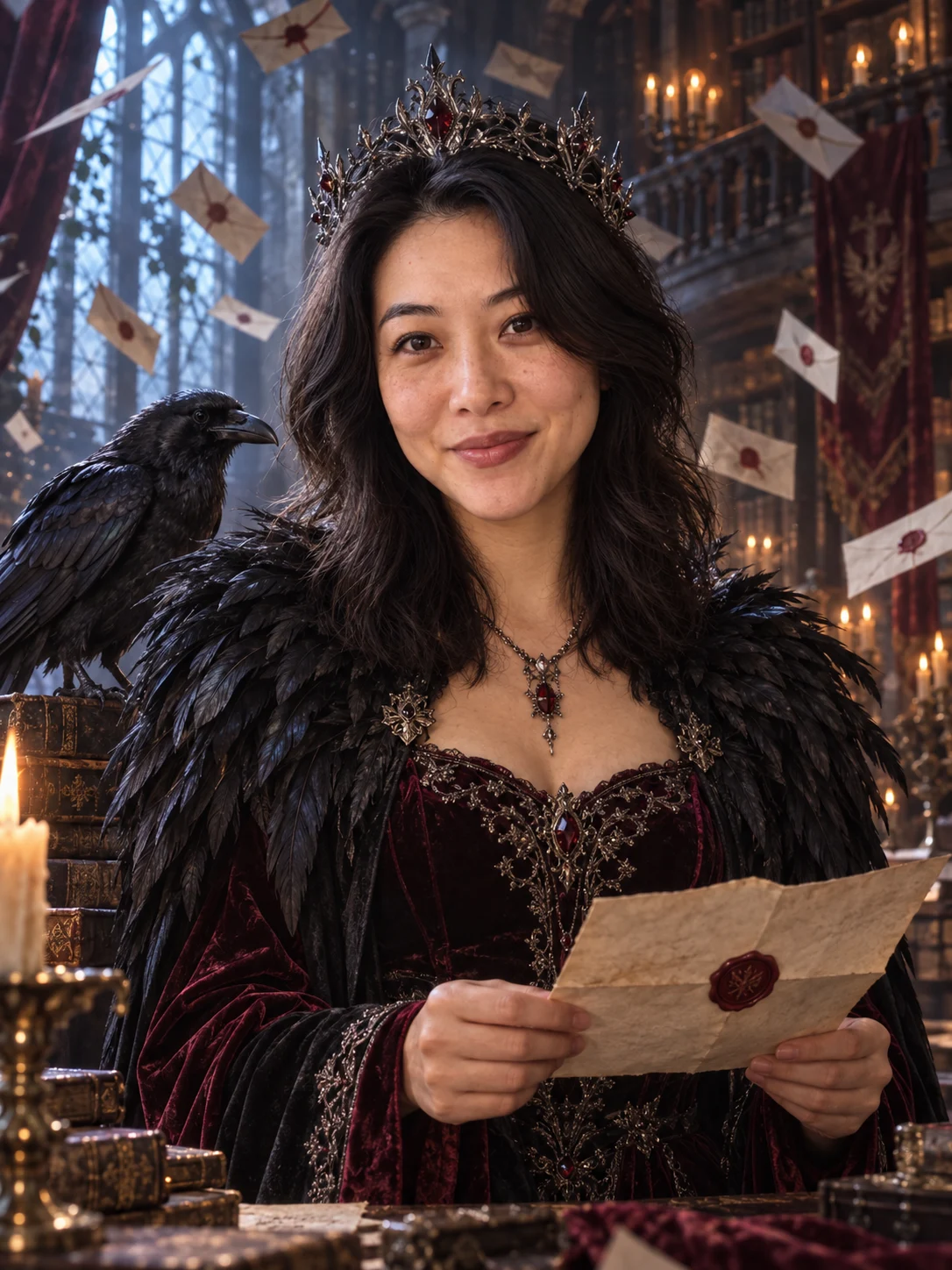 Halloween AI photo idea: Letters to the raven queen — A raven arrives; sealed letters spiral around you.