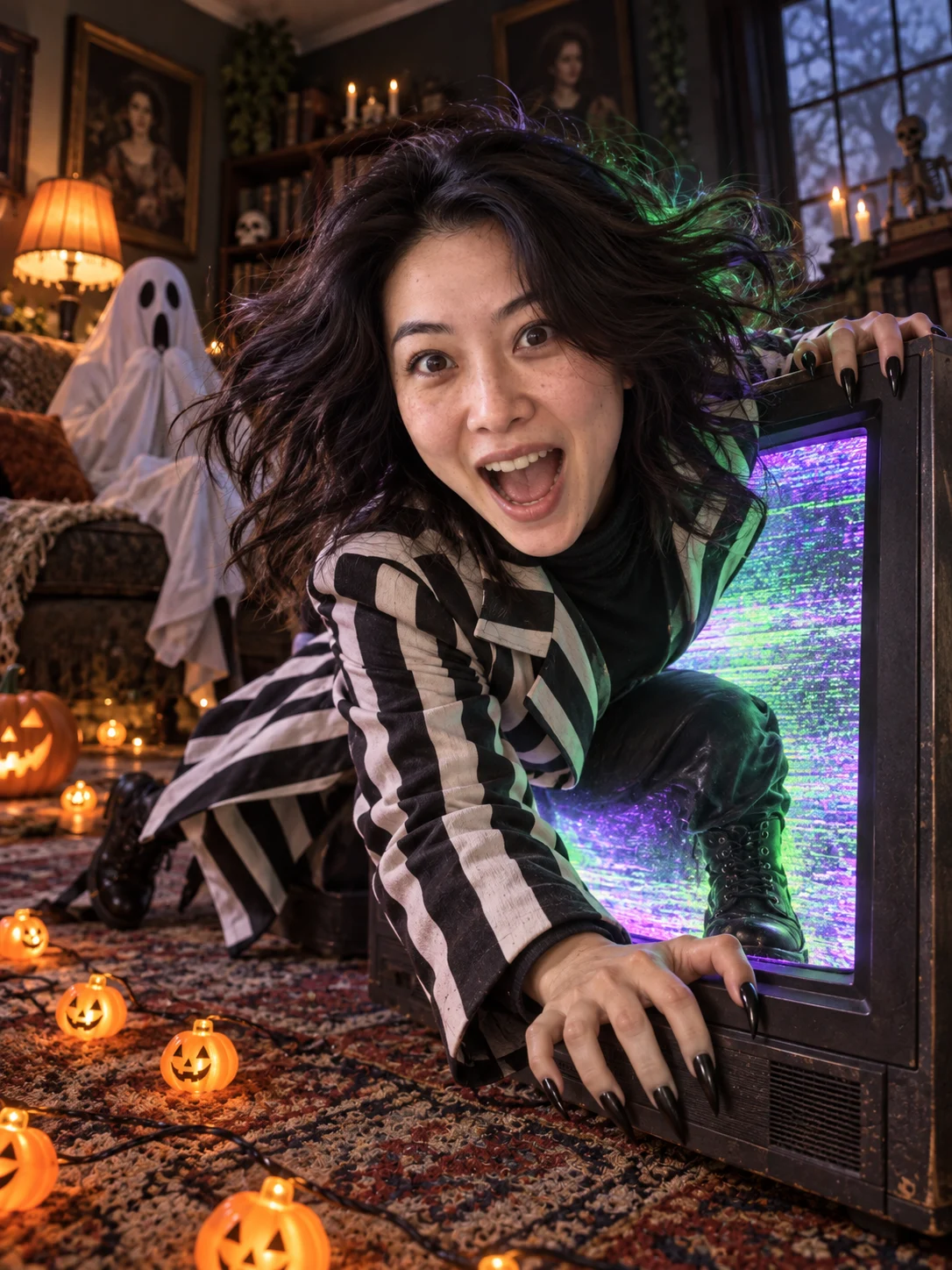 Halloween AI photo idea: Breaking out of the haunted TV — Break through the screen in a horror-comedy still.