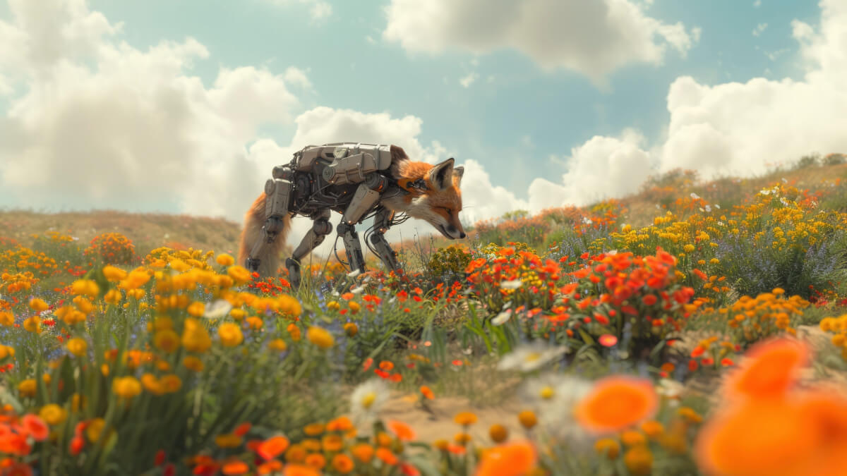 Sample output from Qwen-Image 3.0 Pro: Robot fox in a wildflower field