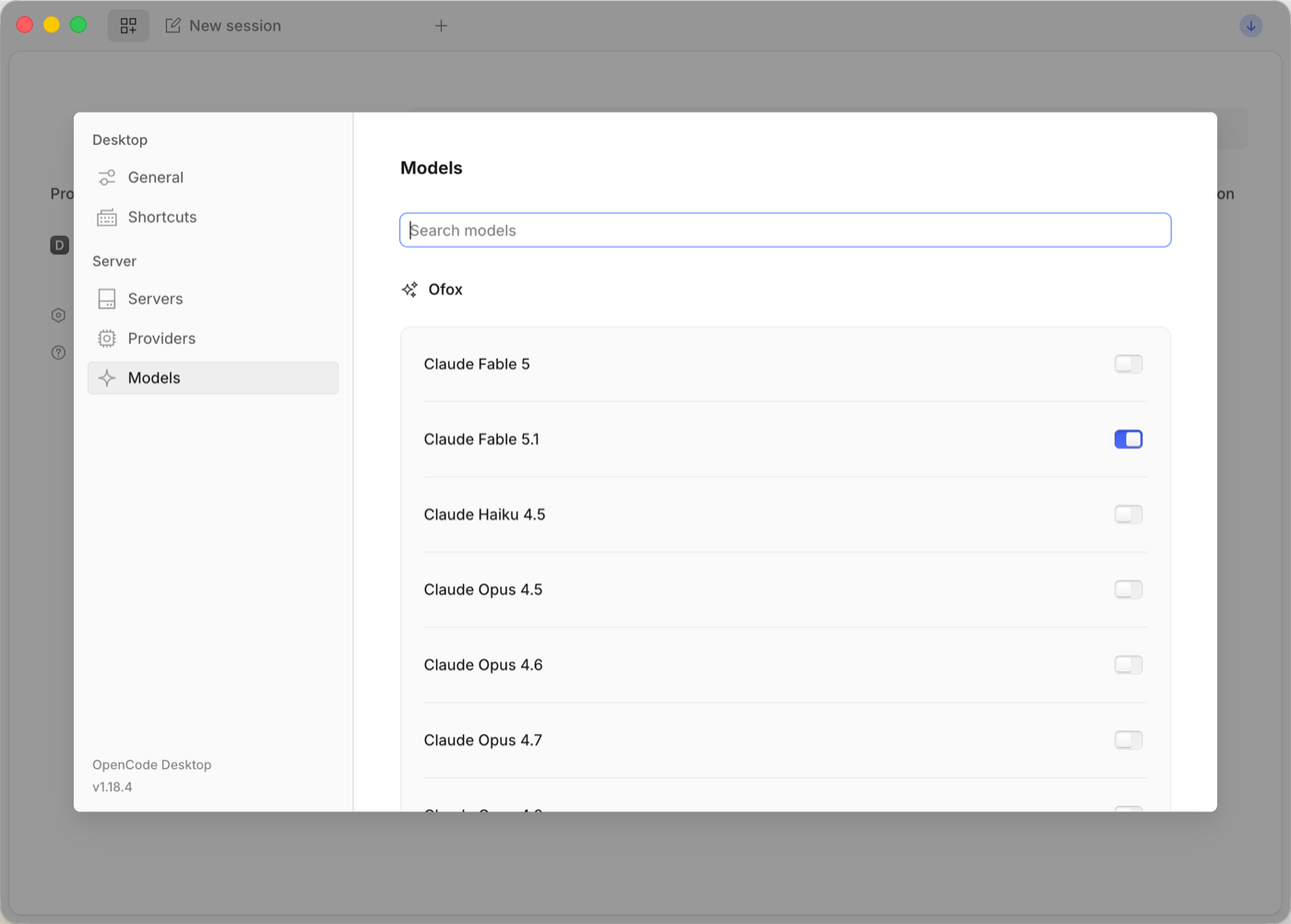 Settings → Models, enabling Ofox models