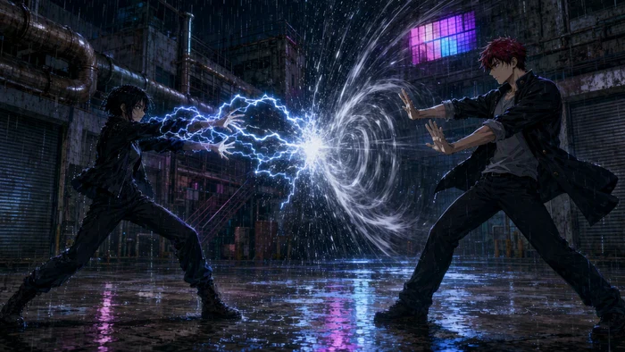 Arc vs wind, flooded factory courtyard