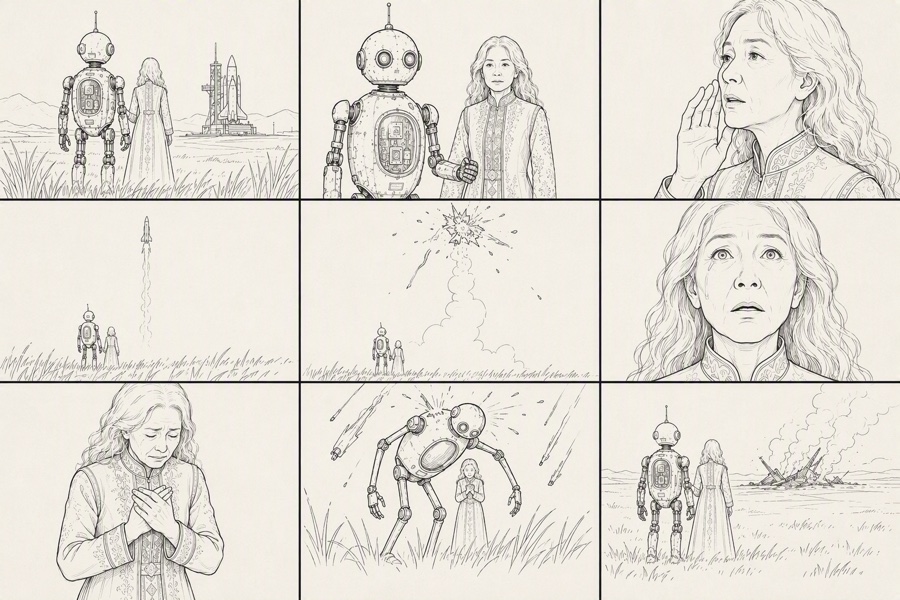 Guardian robot and grandmother, nine-shot storyboard · 参照画像 · image1 storyboard grid