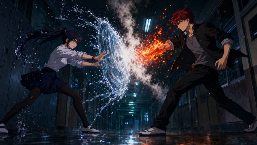 Water vs fire, night school corridor · 開始フレーム · 开场帧