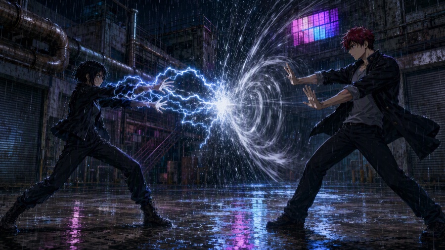 Arc vs wind, flooded factory courtyard · 開始フレーム · 开场帧