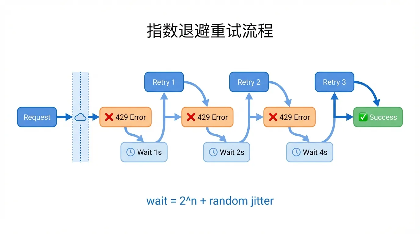 指数退避重试流程图：请求失败后等待时间按2的幂次递增并加入随机抖动