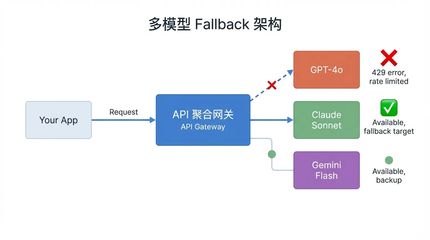 多模型Fallback架构图：主模型429限流时自动切换到备选模型GPT-Claude-Gemini