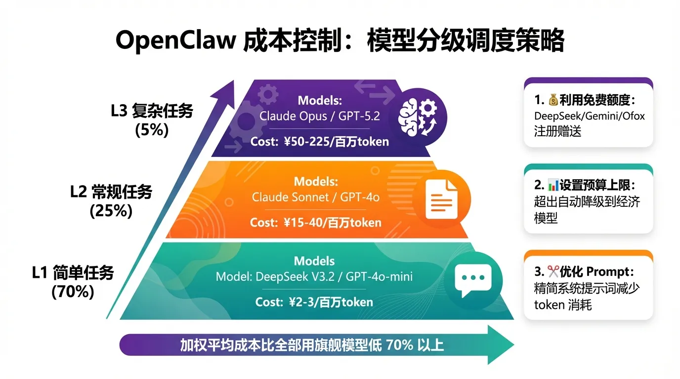 OpenClaw 成本控制模型分级调度策略——L1简单任务70%用DeepSeek/GPT-4o-mini、L2常规任务25%用Claude Sonnet/GPT-4o、L3复杂任务5%用Claude Opus/GPT-5.2，加权成本降低70%以上